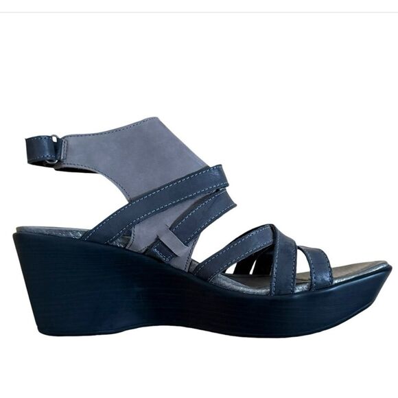 Naot Prestigehed Black/Gray Road Leather Wedge Sandal 40 NWOB - Picture 1 of 16